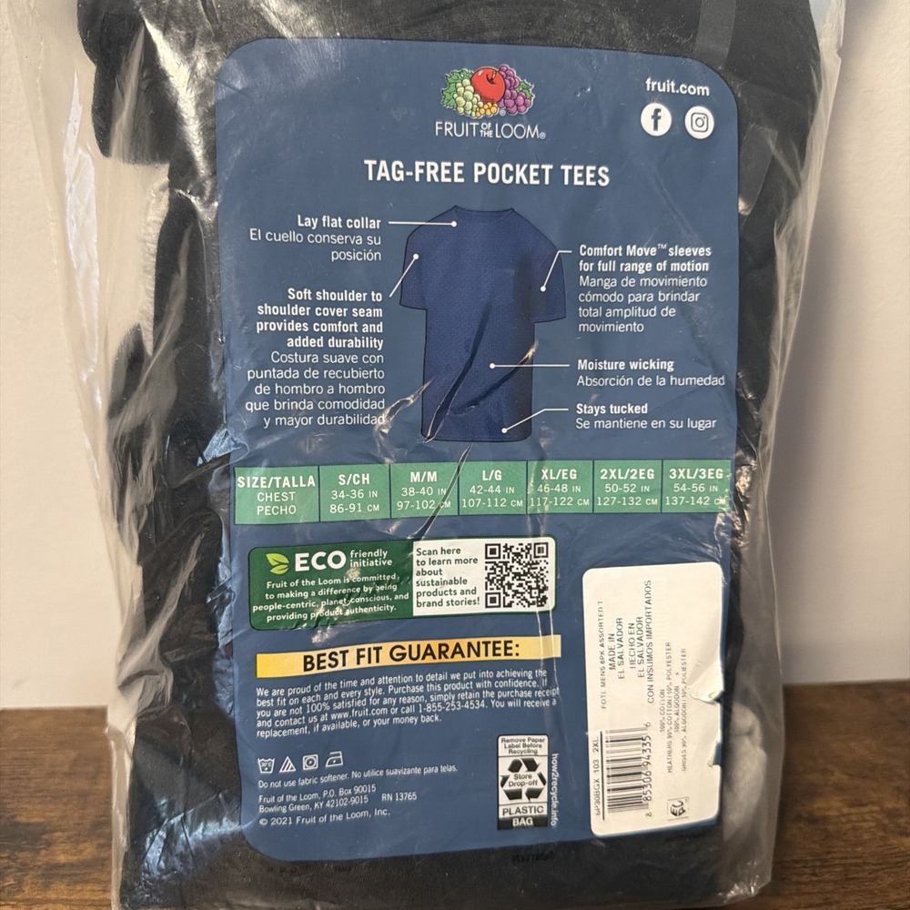 6-Pack Fruit Of The Loom Pocket T-Shirts Sz 2XL 50-52, Black & Gray Colors, NEW! - Picture 5 of 7